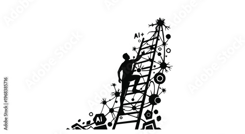 man climbing ladder to success with starburst and ai symbols