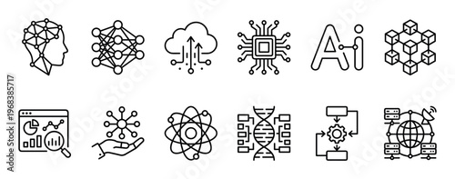 Set of black line icons representing artificial intelligence, machine learning, neural networks, big data, cloud computing, and modern technology concepts for digital innovation
