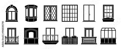 Collection of black window and balcony silhouettes showing various architectural styles from classic arched to modern designs with flower boxes and ornate railings in a graphic icon set