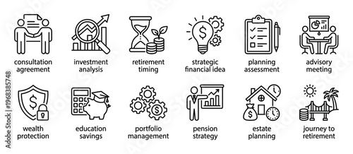 Set of financial planning line icons representing investment analysis, retirement timing, wealth protection, and pension strategy in a clean, minimalist vector illustration style