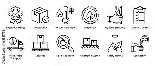 Collection of food safety line icons for quality control, logistics, and hygienic handling, including symbols for inspection, transport, and sanitization