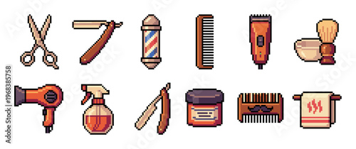Set of pixel art barbershop icons featuring scissors, a razor, comb, clipper, and other hairdressing tools in a retro 8-bit video game style illustration