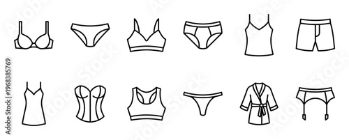 Lingerie and underwear line icon set with various types of intimate apparel for men and women, including a bra, panties, boxers, corset, and robe in a minimalist graphic style