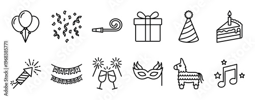 Set of black line art icons for birthday party celebrations including balloons, confetti, a gift box, cake, and a piñata, drawn in a simple minimalist vector style