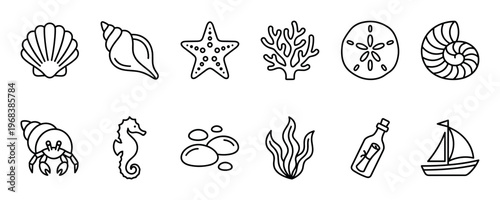 Set of twelve black line art icons depicting marine life and nautical objects like a seashell, starfish, seahorse, hermit crab, and sailboat in a clean, minimalist doodle illustration style