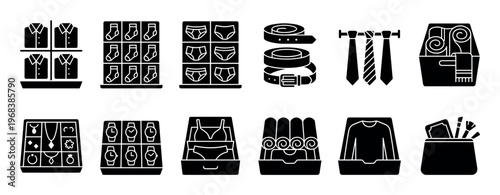 Set of black glyph icons representing retail merchandise and store displays with organized clothing, fashion accessories, jewelry, cosmetics, and personal care items