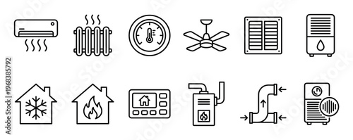 Set of black line icons for HVAC systems including an air conditioner, radiator, thermostat, fan, and ventilation for home climate control and smart home technology