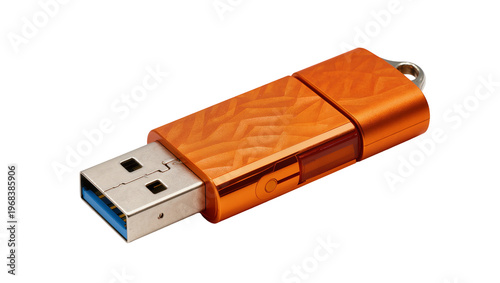 Obraz na płótnie Vibrant orange USB 3 0 flash drive with textured surface and silver key ring, is