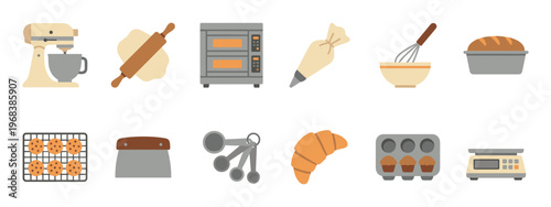 Collection of baking and pastry tools icons including a mixer, oven, rolling pin, and croissant, illustrated in a simple, flat design style for culinary concepts
