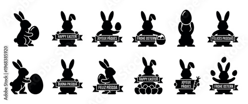 Black Easter bunny silhouette icon set with multilingual greetings on banners, featuring rabbits holding eggs and baskets in various poses for a festive spring holiday celebration
