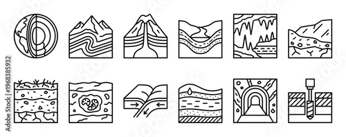 Geology and earth science line icon set showing various geological processes like tectonic plates, volcano eruption, soil layers, earth core, fossil, and groundwater concepts