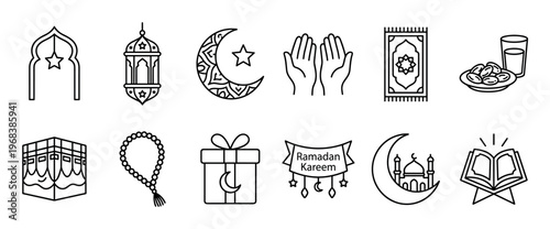 Set of black outline icons for the Islamic holy month of Ramadan, featuring a mosque, crescent moon, lantern, Quran, and prayer beads in a minimalist linear style