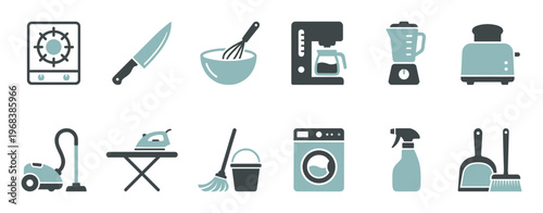 Set of household and kitchen icons representing domestic appliances and cleaning tools in a minimalist two-color flat design style for various graphic design projects