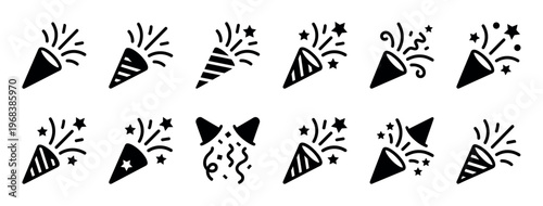 Set of black party popper icons with exploding confetti and stars for celebration events, presented in a minimalist glyph style collection for festive design elements