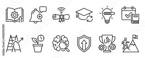 Set of black line icons representing personal development, education, and career growth, featuring symbols for learning, achievement, goals, skill upgrades, and self-improvement