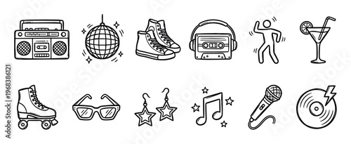 Set of hand-drawn black line icons representing a retro disco party with a boombox, roller skate, disco ball, cassette player, microphone, and vinyl record in a simple doodle style