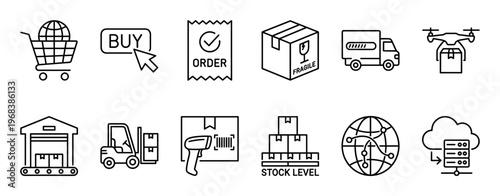 Supply chain management and logistics line icon set with pictograms for online shopping, order processing, warehouse inventory, and global delivery services
