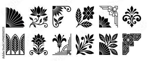 Collection of black Art Deco style corner ornaments and decorative elements featuring stylized floral, leaf, and geometric motifs in an elegant vintage silhouette design