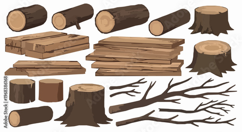 Stylized realistic wood materials vector set logs lumber EPS10 isolated on white