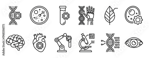 Biotechnology and science line icon set representing genetic engineering, bionics, robotics, and artificial intelligence with symbols for DNA, brain, heart, and microscope