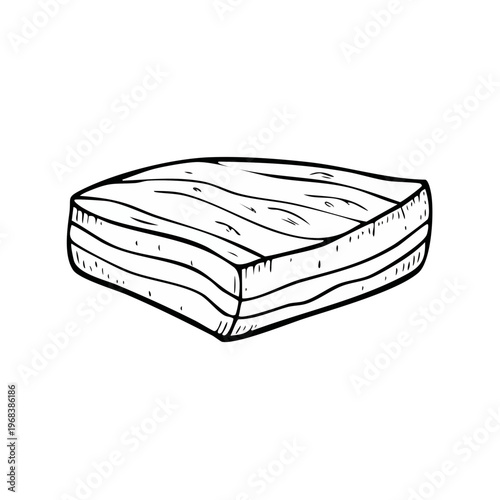 Hand-drawn illustration of a raw slab of bacon with visible fat and lean layers