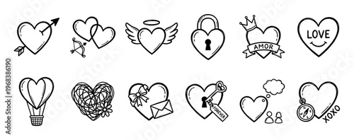 Collection of hand-drawn black heart icons in a doodle style for Valentine's Day, featuring romantic symbols like arrows, wings, locks, keys, and crowns for love-themed designs