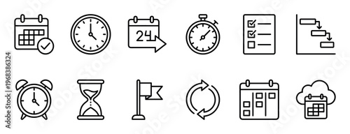 Minimalist set of black outline icons for business productivity and project management, illustrating concepts like scheduling, deadlines, and workflow with simple vector symbols