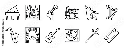 Set of black line art icons for music, theatre, and dance, featuring a piano, guitar, saxophone, ballet shoes, and a microphone for entertainment concepts