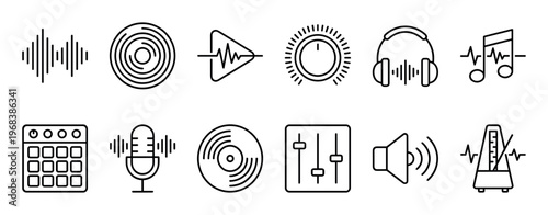 Collection of black line art icons for music production and audio engineering, featuring symbols like a microphone, headphones, vinyl record, soundwave, and mixing console