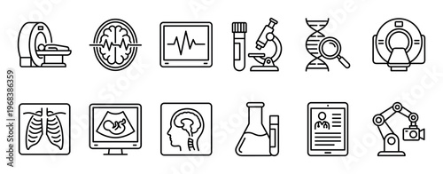 Set of medical diagnostic and healthcare icons including MRI, CT scan, ultrasound, DNA research, and laboratory equipment in a clean black outline vector illustration style