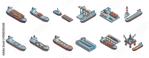 Isometric cargo ship and port logistics illustrations set showing various vessels like container ships, tankers, and tugboats with port infrastructure like cranes and docks for global trade