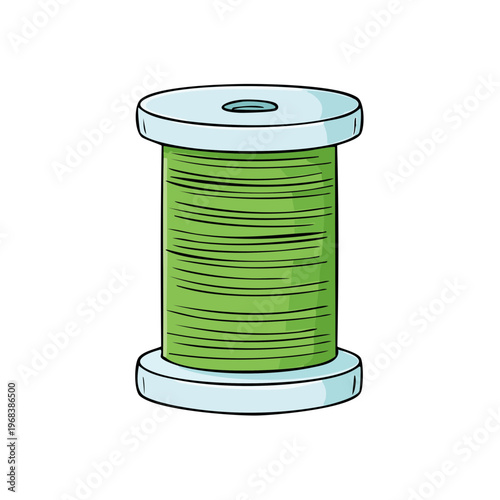Illustration of a spool of green thread with a cartoon style