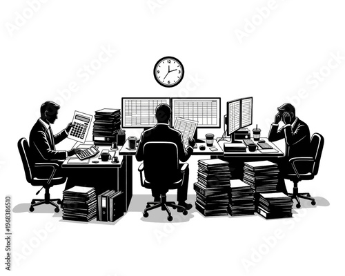 Three stressed businessmen diligently work at their office desks, surrounded by paperwork, computers, and calculators, facing tight deadlines.