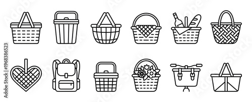 Picnic basket line art icon set featuring twelve different designs, including a backpack, heart shape, bicycle basket, and containers with food, wine, and flowers for outdoor leisure