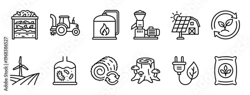 Set of black outline icons for biomass energy, showing biofuel production, sustainable farming, renewable resources, green power, and agricultural elements in a clean, minimalist vector style