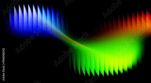Colorful waves flow on a dark background. Energy and light. Abstract design. Colorful abstract shape with dark background. Vector illustration. 