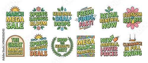 Collection of colorful spring sale promotional graphics featuring hand-drawn typography and cartoon illustrations for seasonal retail marketing and advertising campaigns