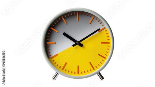 Modern gray and yellow clock face divided in half displaying 12 00, isolated on transparent background for time management concepts