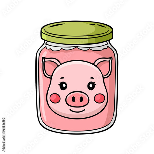 Cute cartoon pig face preserved in a glass jar with pink jam and a green lid