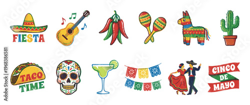 Set of colorful hand-drawn Mexican icons for a fiesta celebration including a sombrero, taco, sugar skull, piñata, and maracas in a vibrant, textured illustration style