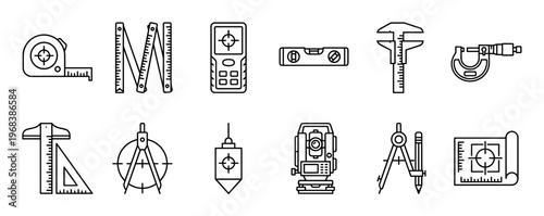 Set of black outline icons representing engineering and surveying tools including a tape measure, caliper, theodolite, compass, and level for technical design and construction projects