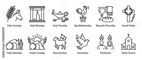 Holy Week and Easter icon collection showing Christian religious events in a minimalist line art style, depicting Palm Sunday, Good Friday, the Resurrection, Ascension, and Pentecost
