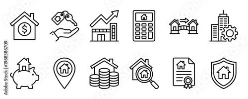 Collection of twelve real estate line icons showing concepts like property search, home loans, investment growth, and house insurance in a clean, minimalist vector design
