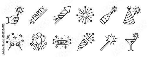 Set of black line art party icons for celebration events, including fireworks, sparklers, champagne, balloons, and a party popper, drawn in a simple minimalist outline style