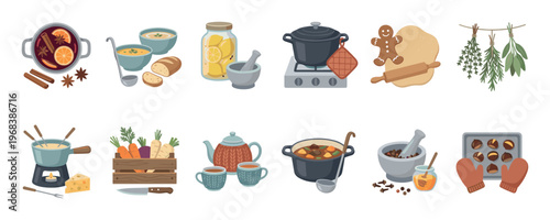 Collection of cozy autumn and winter food illustrations featuring mulled wine, beef stew, cheese fondue, gingerbread, and hot tea for a warm seasonal feeling