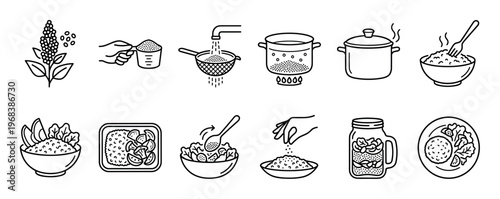 Quinoa cooking instructions icon set shows the step-by-step preparation of the healthy superfood, from rinsing and boiling the grain to serving it in various meals and salads