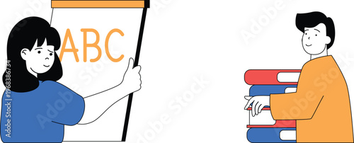 A student confidently teaches alphabet basics to a curious classmate during a fun learning session