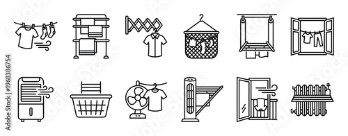 Collection of twelve clothes drying icons in a minimal black outline style showing laundry equipment like a clothesline, rack, fan, dehumidifier, and radiator for household chores