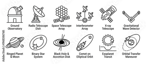 Set of twelve black line art icons representing astronomy and space exploration concepts like telescopes, planets, black holes, and orbital maneuvers in a clean vector style