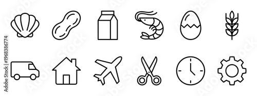 Set of twelve minimalist black outline icons representing food allergens like shellfish and milk, alongside universal symbols for delivery, home, travel, tools, and time